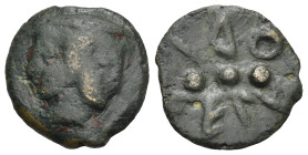 Greek. Etruria. Volterrae. 3rd century BC. Cast Quadrans (Bronze, 34.24 mm, 28.87 g). Janiform head wearing petasus. Rev. velaθri (in Etruscan), aroun...