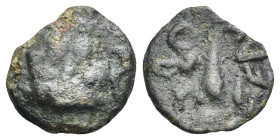 Greek. Etruria. Volterrae. 3rd century BC. Cast Uncia (Bronze, 26.97 mm, 11.96 g). Janiform head wearing petasus. Rev. velaθri (in Etruscan), Club and...