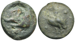 Greek. Central Italy. Uncertain. Circa 1st half of 3rd century. Cast Sextans (Bronze, 39.97 mm, 46.1 g). Owl standing left between two pellets. Rev. B...