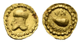 Greek. Campania. Cumae. Circa 475-470 BC. Hemiobol (Gold, 7 mm, 0,39 g). Corinthian helmet left. Rev. KV - MAION (retrograde), Mussel. BMC 1 var. (rev...