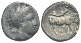 Greek. Campania. Neapolis. Circa 395-385 BC. Didrachm (Silver, 20.37 mm, 6.77 g). Head of nymph Parthenope right, wearing meander pattern diadem, earr...