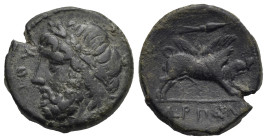 Greek. Apulia. Arpi. Circa 325-275 BC. (Bronze, 20.19 mm, 6.64 g). [ΔA]IOY, Laureate head of Zeus left; behind, thunderbolt (not visible). Rev. ΑΡΠΑΝ[...