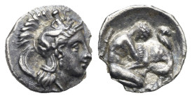 Greek. Calabria. Tarentum. Circa 450-380 BC. Diobol (Silver, 11.49 mm, 1.04 g). Head of Athena right, wearing crested helmet decorated with Skylla hur...