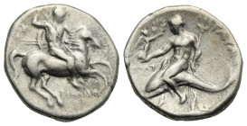 Greek. Calabria. Tarentum. Circa 281-272 BC. Nomos (Silver, 20.25 mm, 6.31 g). Ey-, Phintylos and Poly-, magistrates. Warrior on horseback galloping r...