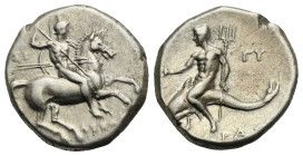Greek. Calabria. Tarentum. Circa 280-272 BC. Nomos (Silver, 20.08 mm, 6.49 g). Struck under Lykon, Si- and Py-, magistrates. Nude warrior on horseback...