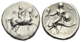 Greek. Calabria. Tarentum. Circa 280-272 BC. Nomos (Silver, 20.02 mm, 6.50 g). Struck under Ar.. and Damylos magistrates. Nude youth riding horse walk...