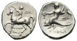 Greek. Calabria. Tarentum. Circa 272-240 BC. Nomos (Silver, 18.48 mm, 6.46 g). Struck under Di…and Philotas magistrates. Youth on horseback to left, c...