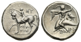 Greek. Calabria. Tarentum. Circa 272-240 BC. Nomos (Silver, 18.92 mm, 6.46 g). Struck under Sy- and Lykinos magistrates. Nude youth on horseback to le...