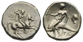 Greek. Calabria. Tarentum. Circa 272-240 BC. Nomos (Silver, 19.01 mm, 6.42 g). Struck under Di... and Aristokles magistrates. Nude rider on horse gall...