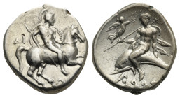 Greek. Calabria. Tarentum. Circa 272-240 BC. Nomos (Silver, 18.97 mm, 6.51 g). Struck under the magistrates Di... and Apollonios. Warrior wearing cres...