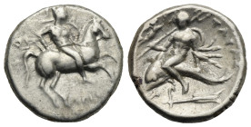 Greek. Calabria. Tarentum. Circa 272-240 BC. Nomos (Silver, 19.67 mm, 6.41 g). Di... and Aristokles, magistrates. Warrior on horseback right, holding ...