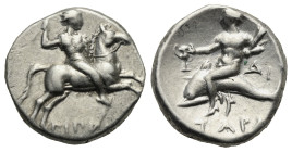 Greek. Calabria. Tarentum. Circa 272-240 BC. Nomos (Silver, 18.46 mm, 6.33 g). Struck under Hippoda... and Di...magistrates. Ephebe on horseback ridin...