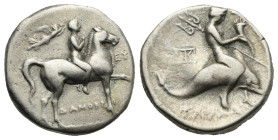 Greek. Calabria. Tarentum. Circa 272-240 BC. Didrachm (Silver, 20.39 mm, 6.4 g). Damokritos, magistrate. Youthful hero riding on horseback to the righ...