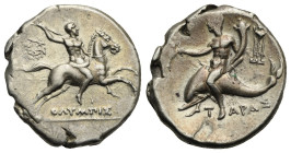 Greek. Calabria. Tarentum. Circa 240-228 BC. Nomos (Silver, 22.00 mm, 6.42 g). Struck under Olympis magistrates. Horseman riding right, brandishing sp...
