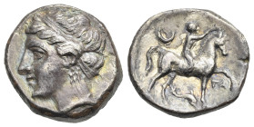 Greek. Calabria. Tarentum. Circa 281-228 BC. Campano-Tarentine Nomos (Silver, 19.28 mm, 7.10 g). Diademed head of a Nymph left, wearing triple-pendant...