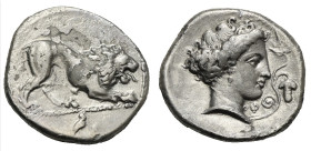 Greek. Lucania. Velia. Circa 400-365 BC. Stater (Silver, 21.49 mm, 7.49 g). Lion crouching right, protruding tongue, owl standing right in exergue, be...