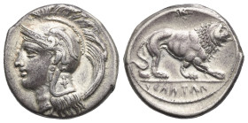 Greek. Lucania. Velia. Circa 300-280 BC. Didrachm or Nomos (Silver, 20.43 mm, 7.42 g), Philistion Group. Head of Athena left, wearing crested Attic he...