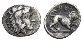 Greek. Lucania. Herakleia. Circa 432-420 BC. Diobol (Silver, 12.30 mm, 0.99 g). Head of Herakle right, wearing lion's skin. Rev. Lion advancing right ...