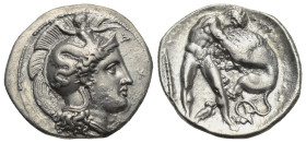 Greek. Lucania. Herakleia. Circa 340-330 BC. Didrachm (Silver, 24.16 mm, 7.68 g). Head of Athena right, wearing Attic helmet decorated with Skylla hur...
