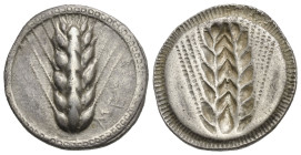 Greek. Lucania. Metapontion. Circa 495-480 BC. Nomos (Silver, 24.58 mm, 7.78 g). ME[TA], Ear of grain. Rev. The same type incuse. Noe 180. SNG Oxford ...