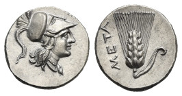 Greek. Lucania. Metapontion. Punic occupation. Circa 215-207 BC. Half Shekel (Silver, 18.53 mm, 4.06 g). Head of Athena right, wearing crested Corinth...