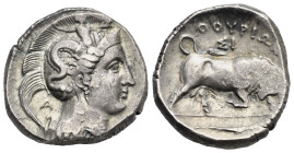 Greek. Lucania. Thourioi. Circa 350-300 BC. Distater (Silver, 25.48 mm, 16.34 g). Head of Athena right, wearing crested Corinthian helmet decorated wi...