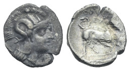 Greek. Lucania. Thourioi. Circa 400-350 BC. Diobol (Silver, 11.6 mm, 0.83 g). Head of Athena right, wearing crested Attic helmet ornamented with Skyll...