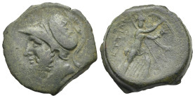Greek. Bruttium. The Brettii. Second Punic War, circa 214-211 BC. Double Unit or Didrachm (Bronze, 26.05 mm, 16.08 g). Head of Ares left, wearing cres...