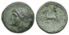 Greek. Bruttium. The Brettii. Circa 211-208 BC. Half Uncia (Bronze, 17.55 mm, 4.17 g). Winged and diademed bust of Nike left; below neck, thunderbolt ...