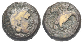 Greek. Bruttium. Kroton. Circa 420-316 BC. Obol (Bronze, 16.84 mm, 7.02 g). Head of Herakles right, wearing lion skin headdress; above, ΔION I. Rev. E...