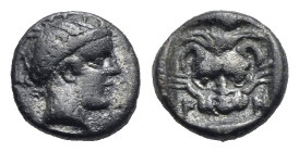 Greek. Bruttium. Rhegion. Circa 356-351 BC. Obol or Litra (Silver, 8.17 mm, 0.67 g). Diademed head of Apollo (or Iokastos) right. Rev. P - H, Lion's m...