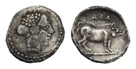 Greek. Sicily. Abakainon. Circa 420-400 BC. Hemilitron (Silver, 10.10 mm, 0.34 g). Head of a nymph right, wearing sphendone and necklace. Rev. ABA, Bo...