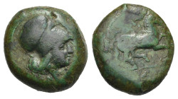 Greek. Sicily. Aitna. Circa 3543-344 BC. Tetras (Bronze, 22.56 mm, 16.38 g). [AITNAΙΩ] - Ν, Head of Athena right, wearing Corinthian helmet. Rev. Hors...