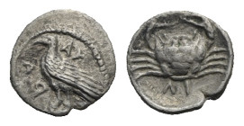 Greek. Sicily. Akragas. Circa 450-439 BC. Litra (Silver, 10.53 mm, 0.52 g). AK – PA (partially retrograde), Sea eagle standing left on Ionic capital w...