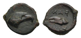 Greek. Sicily. Akragas. Circa 409-406 BC. Hemionkion (Bronze, 12.3 mm, 0.93 g). Head of eagle right. Rev. AKP[A] – ΓAN (retrograde), Crab claw. HGC 2,...