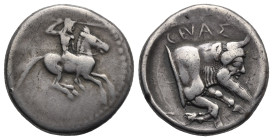 Greek. Sicily. Gela. Circa 490-475 BC. Didrachm (Silver, 21.65 mm, 8.51 g). Nude bearded warrior riding horse galloping right; holding spear and reins...