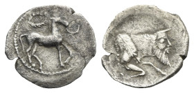 Greek. Sicily. Gela. Circa 465-450 BC. Litra (Silver, 11.93 mm, 0.53 g). Horse on loose bridle advancing right; above, wreath. Rev. C - E - [Λ] - A, F...