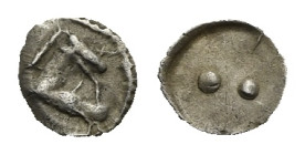 Greek. Sicily. Gela. Circa 480-470 BC. Hexas or Dionkion (Silver, 6.54 mm, 0.08 g). Head of bridled horse right. Rev. Two pellets (mark of value). Jen...