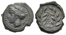 Greek. Sicily. Himera. Circa 415-409 BC. Hemilitron or Hexonkion (Bronze, 18.42 mm, 4.72 g). IM – E, Head of nymph left, wearing sphendone, earring an...