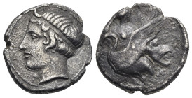 Greek. Sicily. Kamarina. Circa 415-405 BC. Didrachm (Silver, 21.10 mm, 8.07 g). ΚΑΜΑ[ΡΙΝΑΙΟ – Ν], Horned head of young river-god Hipparis left, hair b...