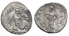 Greek. Sicily. Kamarina. Circa 461-435 BC. Litra (Silver, 13.33 mm, 0.75 g). Nike flying Left; below, swan. All within wreath. Rev. KAMAR I- NAION, He...