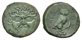 Greek. Sicily. Kamarina. Circa 420-405 BC. Tetras or Trionkion (Bronze, 18.47 mm, 3.13 g). Facing gorgoneion. Rev. KAMA, Owl standing right, head faci...