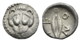 Greek. Sicily. Leontinoi. Circa 476-466 BC. Litra (Silver, 9.27 mm, 0.60 g). Facing lion's scalp. Rev. [Λ]-Ε – Ο-Ν, Wheat grain. HGC 2, 687. SNG ANS 2...