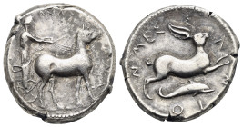 Greek. Sicily. Messana. Circa 420-413 BC. Tetradrachm (Silver, 25.34 mm, 17.25 g). MEΣΣ - ANA, Charioteer driving slow biga of mules right, wearing a ...