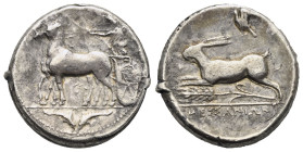 Greek. Sicily. Messana. Circa 412-408 BC. Tetradrachm (Silver, 25.41 mm, 17.15 g). Charioteer driving slow biga of mules left, wearing a long chiton a...