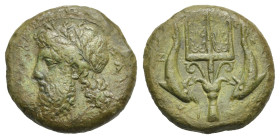 Greek. Sicily. Messana. Circa 338-318 BC. Dilitron (Bronze, 24.75 mm, 11.77 g). [ΠΟΣΕΙ - Δ]ΑΝ, Laureate and bearded head of Poseidon left. Rev. Orname...