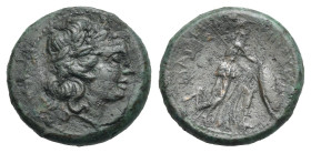 Greek. Sicily. Messana. The Mamertinoi. 215-202 BC. Onkia (Bronze, 14.52 mm, 2.42 g). Laureate head of Apollo right. Rev. Athena advancing right, hold...