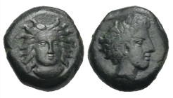 Greek. Sicily. Motya. Circa 400-397 BC. Uncertain Denomination, Hexas ? (Bronze, 12.62 mm, 2.72 g). Head of nymph facing slightly right. Rev. Head of ...