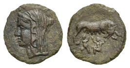 Greek. Sicily. Uncertain mint (Panormos?), under Roman Rule. Late 2nd century BC. (Bronze, 15.89 mm, 1.82 g). Veiled head of Ceres left. Rev. She-wolf...