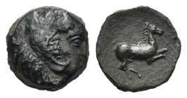 Greek. Sicily. Solous (Kefra). Circa 330-250 BC (Bronze, 14.07 mm, 2.68 g). Head of Herakles right, wearing lion skin. Rev. Horse galloping right. HGC...